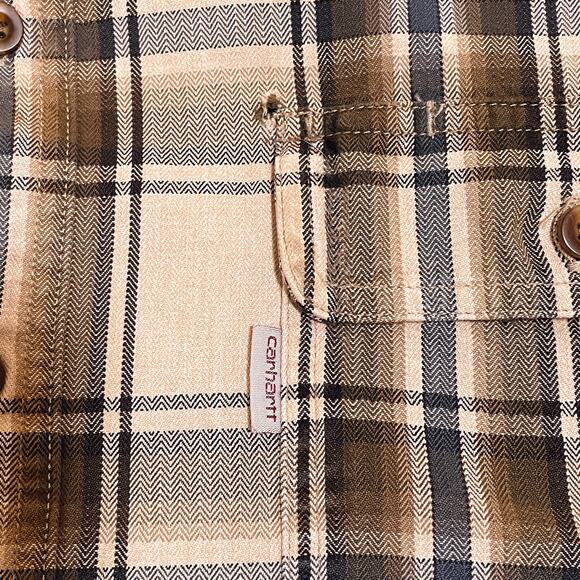 Carhartt Tartan Plaid Button Down Shirt Size XL Tall Work Brown Beige Tan Cotton - Picture 12 of 12